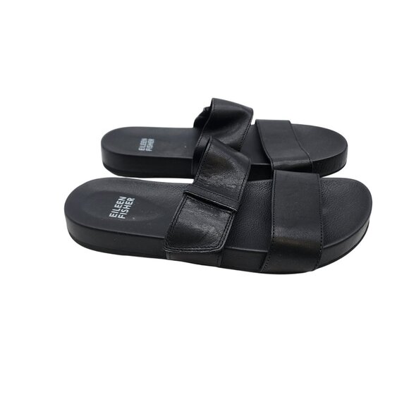 Eileen Fisher Folk Black Leather Slide Sandals With Velcro Straps 6.5 - Picture 1 of 6